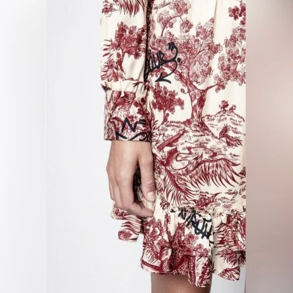 Zadig & Voltaire Rocket Jouy Print Satin Dress Red Cream Chinoiserie Ruffle $525 - Picture 7 of 13